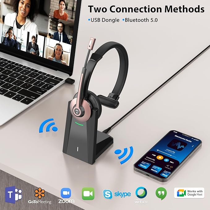 Wireless Headset with Mic for Work, Bluetooth Headset with Microphone Noise Cancelling & Mic Mute, Wireless Headphones with USB Dongle & Charging Base for Work/Home/Computer/Call Center/Office/Zoom