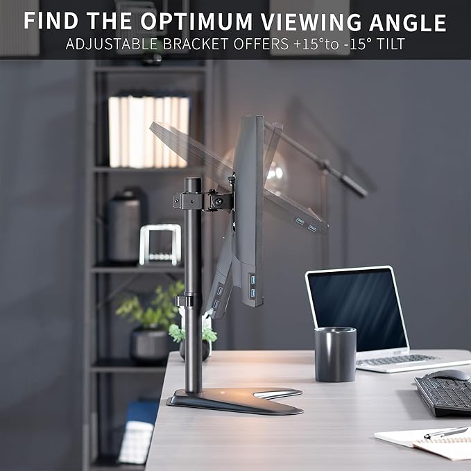 VIVO Single Monitor Desk Stand, Holds Screens up to 32 inch Regular and 38 inch Ultrawide, Freestanding VESA Steel Mount Base, Adjustable Height, Tilt, Swivel, Rotation, Black, STAND-V001H