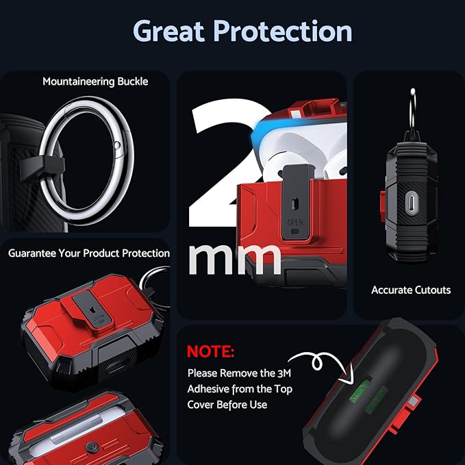 DASFOND Armor Earphone Cover Case for Airpods 4 Generation, Military Grade Full Body Shockproof Protection Hard Case, Support Wireless Charging with Keychain, Magnetic Lid, Front LED Visible, Red