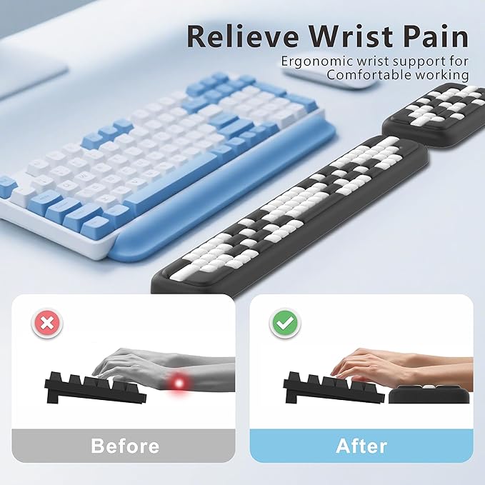 MEKASS Keyboard Wrist Rest, Ergonomic Wrist Pad, Soft Memory Foam Keyboard Hand Rest with Non-Slip Base, Easy Typing, Pain Relief, Comfort Support for Office Work Gaming Accessories (Black White)