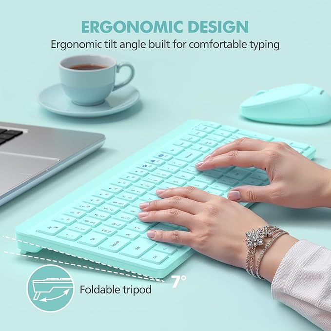 Teal Wireless Keyboard and Mouse Combo for Desktop Mac iPad Bluetooth 2.4 Ghz Rechargeable Slim Silent Click with Number Pad Compatible with Pc, Laptop, Tablet (Green)