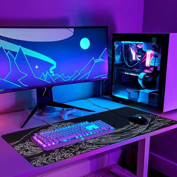 iCasso Mousepad, Gaming Mouse Pad, XXL Large Desk Mat, Big Rubber Base Mouse Mat with Stitched Edges, Computer Keyboard Desk Pad for Work, Game, Office, Home - Black Wave of Kanagawa