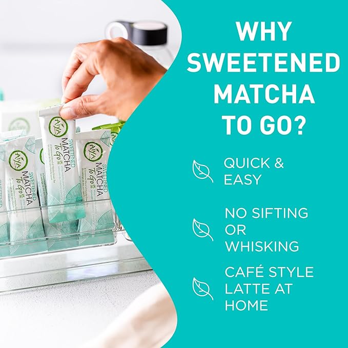 Aiya Japanese Sweetened Matcha Powder to Go Sticks - Ceremonial Grade, Vegan-Friendly, Gluten-Free - 8 Individually Packed Single-Serving Sticks for Freshness and Convenience