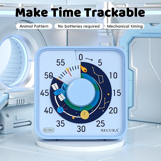 Secura 7.5-Inch Satellite Pattern Visual Timer for Kids, 60-Minute Countdown Timer for Classroom or Kitchen, Durable Mechanical Timer Clock with Magnetic Backing (Light Blue)