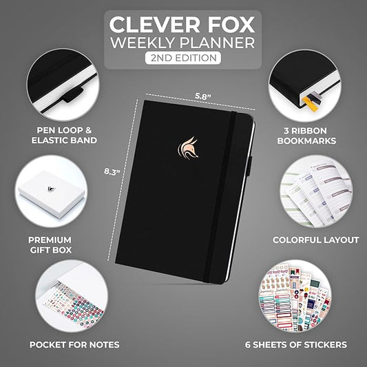 Clever Fox Planner 2nd Edition – Colorful Weekly & Monthly Goal Planner, Time Management & Productivity Organizer, Undated, A5 (Black)