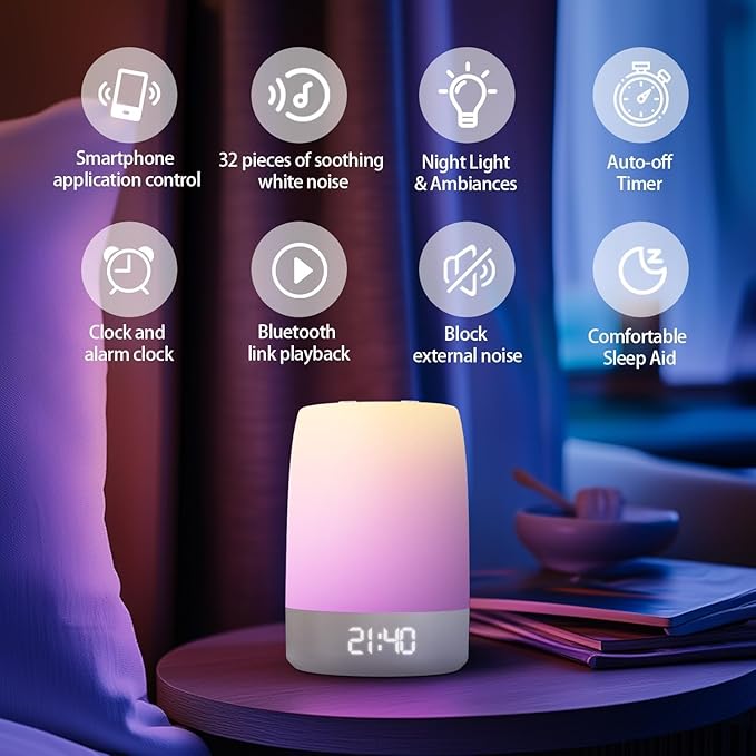 White Noise Sound Machine,White Noise app Night Light,Bluetooth Sleep Music Alarm Clock,Bedroom Nursery Baby Adults Portable Travel Sunset lamp