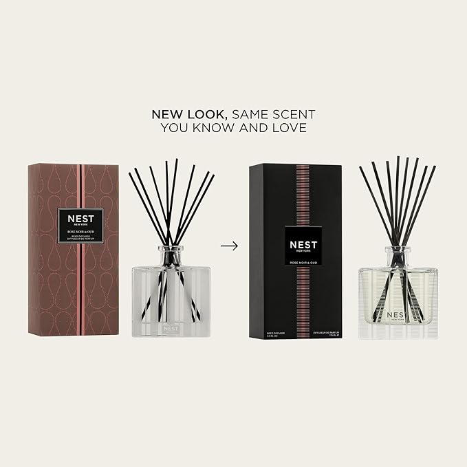 NEST New York Reed Diffuser, Rose Noir & Oud - 5.9 fl oz - Fragrance for Up to 90 Days - Reusable, Refillable Glass Holder - Includes 8 All-Natural Reed Sticks - Flame Free