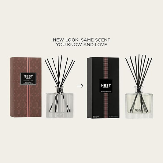 NEST New York Reed Diffuser, Rose Noir & Oud - 5.9 fl oz - Fragrance for Up to 90 Days - Reusable, Refillable Glass Holder - Includes 8 All-Natural Reed Sticks - Flame Free