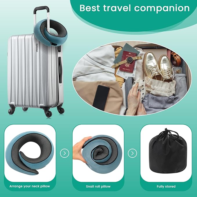 Badink®Memory Foam Neck Travel Pillow, Neck Pillow Airplane with MagicStrap – Adjustable Ergonomic Travel Pillow for Office/Airplane/Car, Washable Cover, Portable Cervical Support(Peacock Blue)