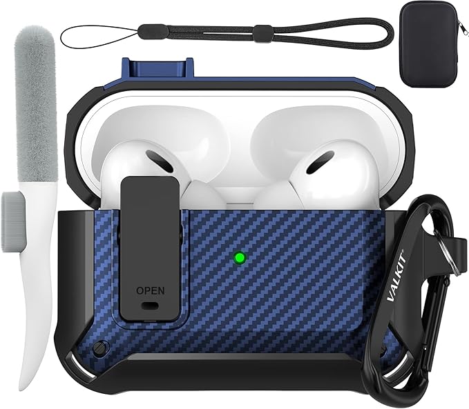 Valkit Armor Series Full-Body Shockproof Protective Case Cover for AirPods Pro 2nd/1st Generation Charging Case with Carabiner Keychain, LED Indicator, and Accessory Pouch