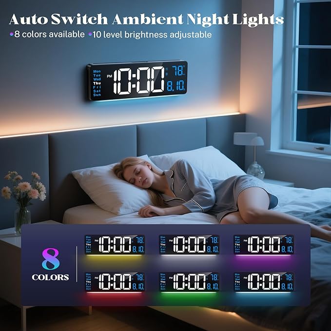 Digital Wall Clocks, 16" Large Digital Clock with Remote Control, Led Wall Clock for Classroom with Date, Week, Alarm, Temperature, Night Light for Living Room, Bedroom, Gym, Office(Blue)