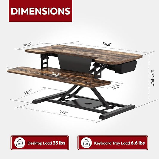 SANODESK Standing Desk Converter with Electric Motor 35" Height Adjustable Desk Riser for Office Home,Monitor and Laptop Workstation with Large Keyboard Tray,Rustic Color