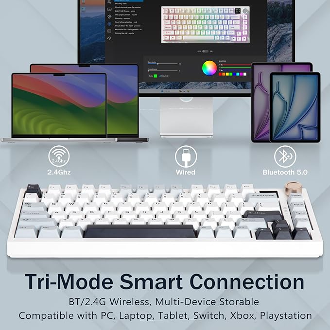 75% Wireless Mechanical Gaming Keyboard, Creamy Sound, Hot Swappable, Pre-lubed Linear Switches, Gasket Structure, Multimedia Display, RGB Backlit, 2.4GHz/USB/BT5.0, Custom Keyboard for Win/Mac