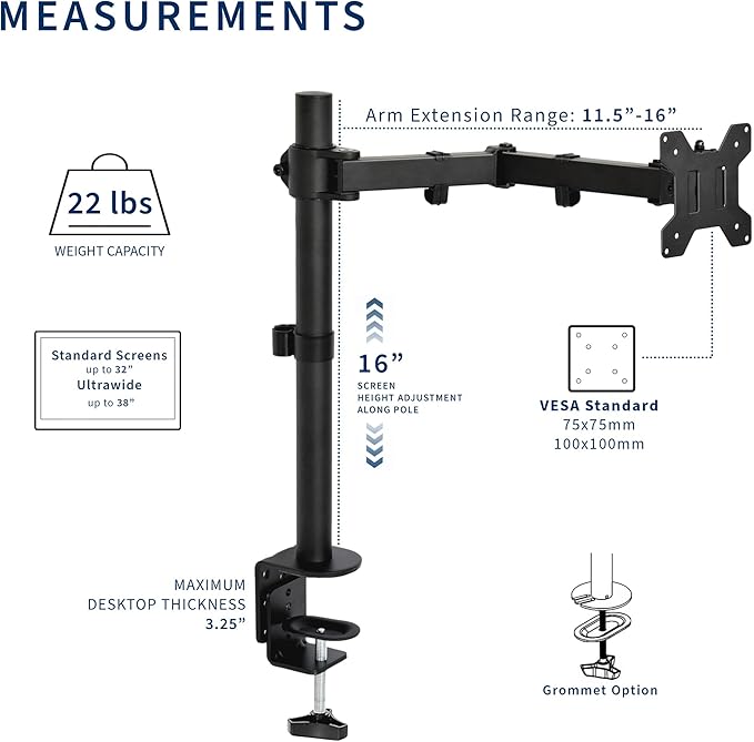 VIVO Single 13 to 38 inch Ultrawide Monitor Arm Desk Mount, Regular Screens up to 32 inches, 22 lbs capacity, Fully Adjustable Stand with C-Clamp and Grommet Base, Black, STAND-V001