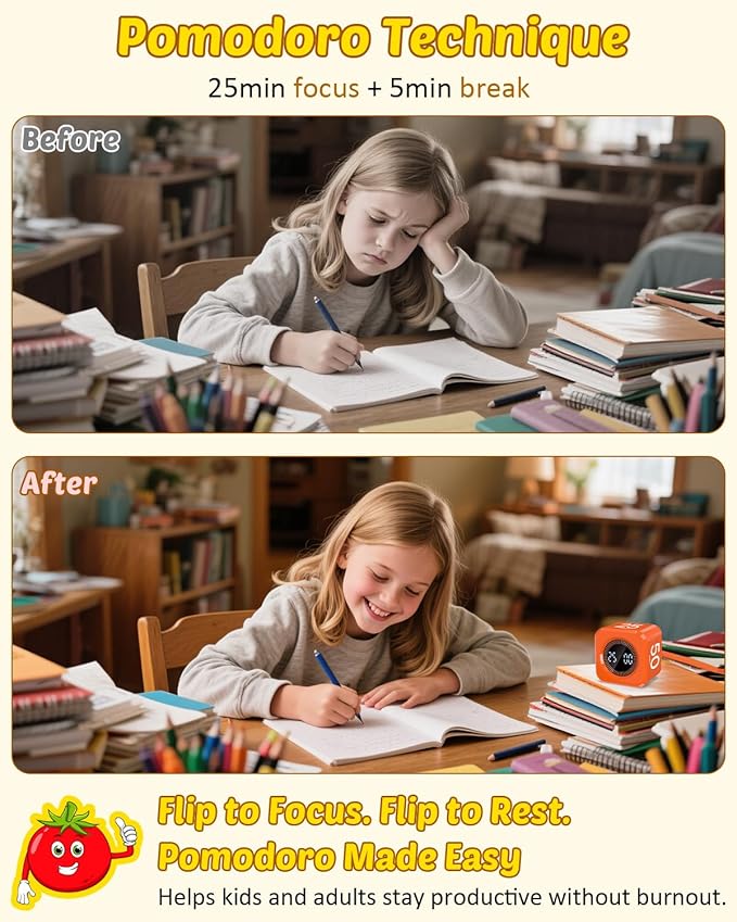Pomodoro Timer Cube Visual Productivity Flip Timer for Kids Classroom Desk, 5/10/25/50min& Custom Countdown, Silent&Sound Mode Digital Cube for ADHD Study Work School Game Kitchen (Orange)