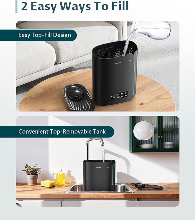 BREEZOME 6L Humidifiers for Bedroom Large Room & Essential Oil Diffuser, Ultrasonic Top Fill Cool Mist Humidifiers for Baby, Plants, Nursery Last up to 60 Hours, Smart Humidistat Control, Quiet, Black