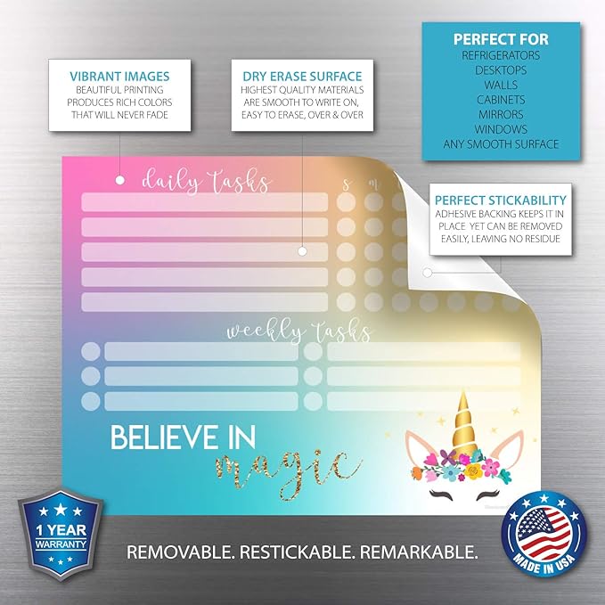 Dry Erase Whiteboard Task Planner | Removable and Restickable Adhesive Decal | Fine-Tip Magnetic Marker Included (9 x 12 inches, Unicorn Magic)