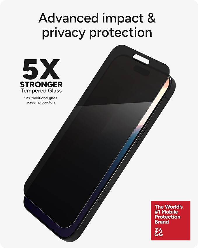 ZAGG Glass Elite Privacy Screen Protector for iPhone 16 Pro Max - 2-Way Privacy Filter, Ultra-Strong Tempered Glass, 5X Stronger, InvisibleShield, Smudge-Free, Easy Install, Recycled Content