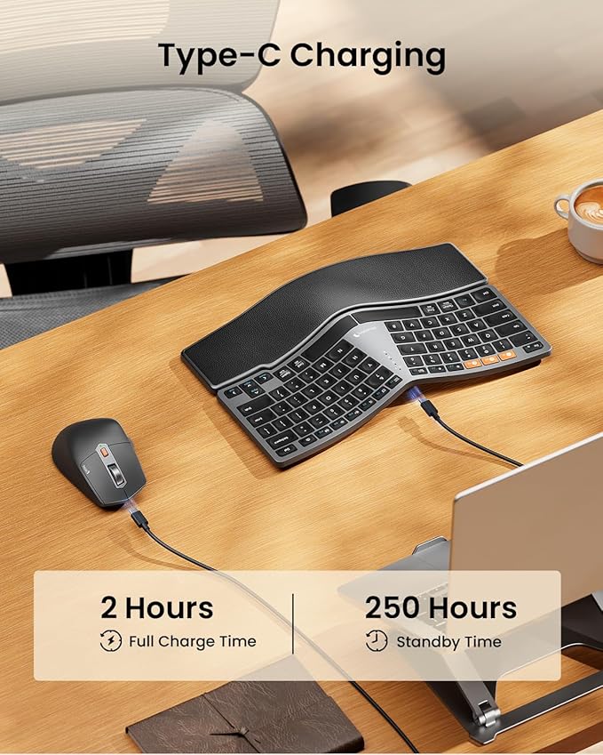 ProtoArc Bluetooth Ergonomic Keyboard Mouse, EKM04 Mini Compact Wireless Ergo Keyboard Mouse Combo, Split Design, Wrist Rest, Multi-Device, Rechargeable, Compatible with Windows/Mac/Android