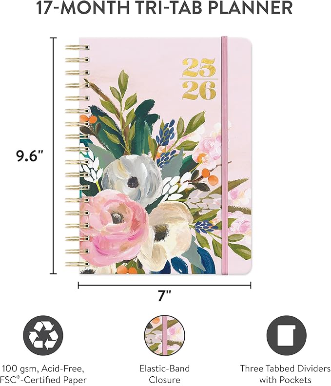 Orange Circle Studio Academic Planner 2025-2026, Amazon Exclusive, Bella Flora, Tri-Tab Planners, 17-Month Triple-Section, August 2025 to December 2026, 9.6" x 7", Weekly Monthly Planner Calendar for School or Work, Note Pages