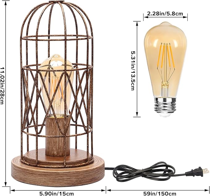 Touch Control Table Lamp for Small Spaces - 3 Way Dimmable Nightstand & Bedside Lamp for Bedroom & Living Room, Rustic Wood Cage Shade, Bulb Included