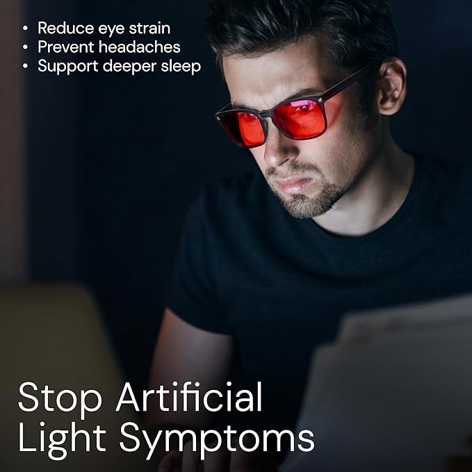 livho Sleep Glasses for up to 99.9% Blue Green Light Blocking for Computer Gaming, Dual Coatings Red Lens, for Women & Men