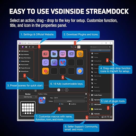 VSDINSIDE Macro Keypad, Stream Controller Deck Gaming Streaming Shortcut Keyboard, 18 Programmable Keys Customizable Visual AI Pad USB Soundboard for OBS, YouTube, Desk Office Setup, Laptop, PC, Mac