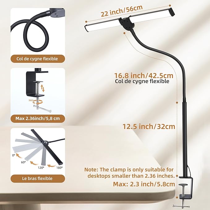 Led Desk Lamp for Home Office, Eye-Care Architect Light with Clamp, Smart Double Head Computer Monitor Table Clip Lamp, Adjustable Flexible Gooseneck, 25 Lighting Models, Task Lamp, Black