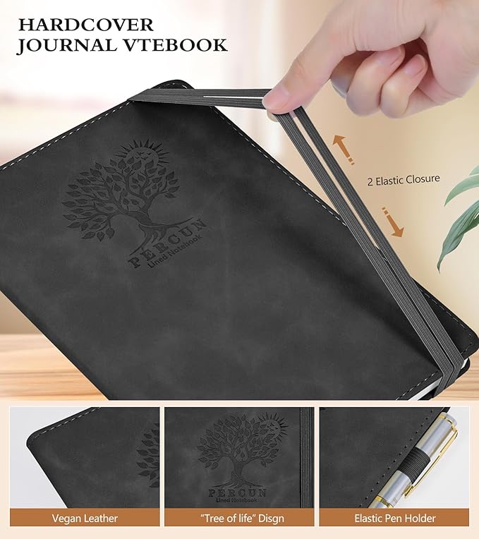 Lined Journal Notebook for Men & Women,200 Pages A5 Hardcover Leather Notebook (5.9"x8.5"), Travel Journal for Work, School, Business Writing, Note Taking, Notepad Diary (Black)