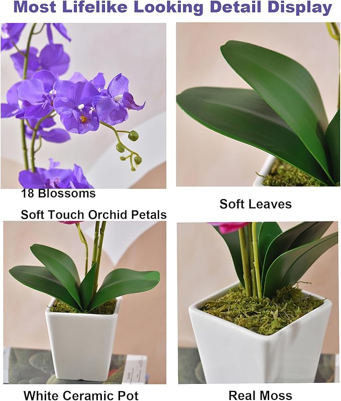 Faux Orchid in Vase Large Artificial Orchid in Ceramic Vase Silk Orchids with Stems Real Look Potted Phalaenopsis Flowers Arrangement Centerpiece Table Decorations for Home Decor Indoor, Purple