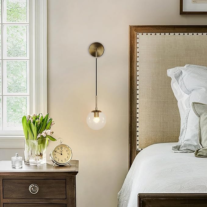 BOKT Mid Century Modern Globe Wall Sconce Lighting Brushed Brass Gold Bathroom Wall Lights Clear Bubble Glass Ball Wall Light Fixture Lamp Bedroom Bedside Wall Light (Gold+Clear)