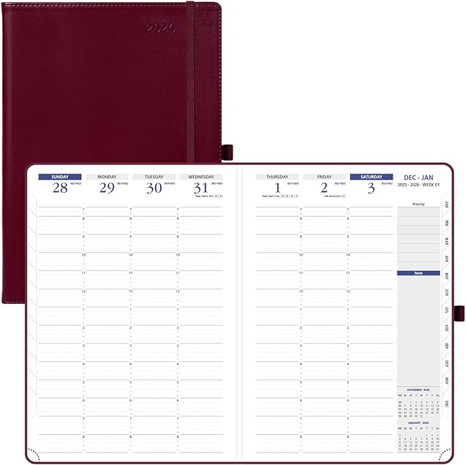 POPRUN 2026 Weekly Planner (A4 Size-8.25'' x 11.75''), 15-Minute Appointment Book (Jan 2026-Dec 2026) with Monthly Tabs, Inner Pockets, Pen Holder, PU Leather Softcover, 100GSM - Burgundy