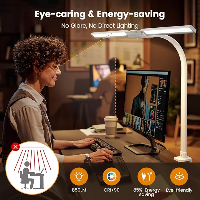 Upgraded LED Desk Lamp for Home Office with RGB, Rotatable Computer Desk Light with Remote, Eye Caring Table Lamp with Clamp, Dimmable Dual Head Desk Lighting for Desktop, 22W, White