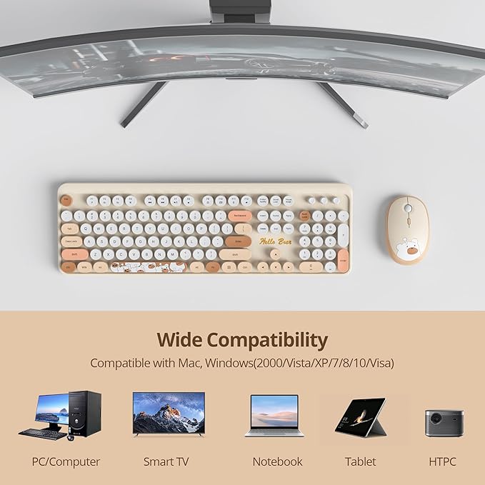 GTSP Creamy Wireless Keyboard and Mouse, Typewriter Office Full-Sized Colorful 2.4G Cute Aesthetic Keyboard for Computer, Laptop, PC Desktops（Brown）