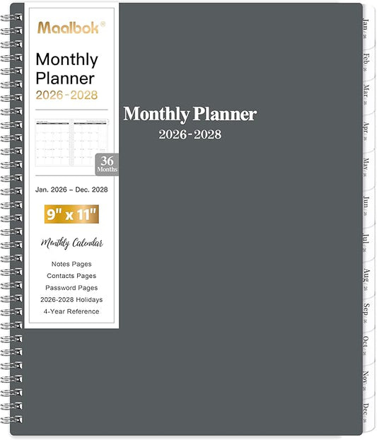 2026-2028 Monthly Planner/Calendar - January 2026 - December 2028, 3 Year Months Planner 2026-2028, 9'' x 11'', 36 Monthly Tabs, 2-Side Pocket, Gray