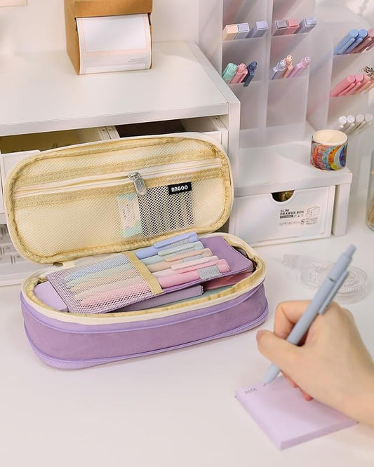 SKYDUE Cute School Supplies 44 PCS, Aesthetic Pencil Case with 12 Pastel Highlighters, 5 Black Gel Pens, 6 Color Gel Pens & Mechanical Pencils, College Essentials Students Stationary Set Purple