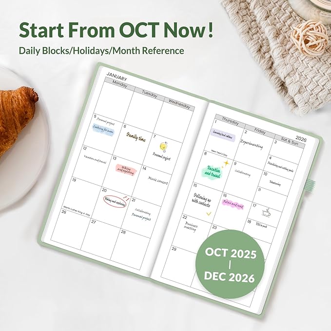 SUNEE 2026 Pocket Weekly Planner for Purse 3.5" x 6" - 12 Month (January 2026 - December 2026), Small Size Planner, Hardcover, Notes, Pocket, 100 GSM Paper, Sage Green