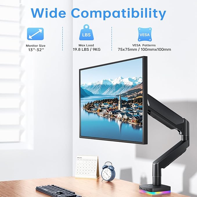 RGB Single Monitor Arm Desk Stand Gas Spring Computer Adjustable Monitor Mount for 13-32 inch Screens with RGB USB & USB-C High Speed Data Transfer C Clamp & Grommet Bases 75x75/100x100 VESA