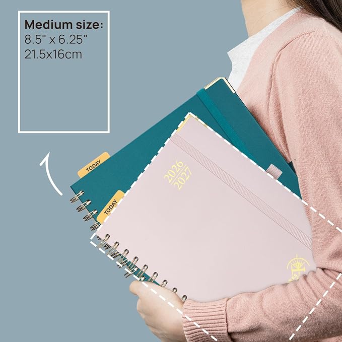 POPRUN Monthly Planner 2026-2027 Spiral Hardcover (6.25'' x 8.5''), 18 Months Calendar (Jan.2026-Jun.2027) - 2 Pages per Month with Dotted Note Pages, Sunday Start, Laminated Tab - Light Yellow