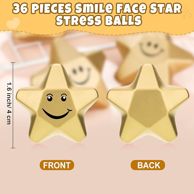 Deekin 36 Pieces Star Stress Balls Mini Foam Ball Stress Relief Toys for Teens and Adults Student Bag Fillers, Gold(Smile,1.6 Inch)