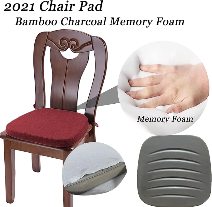 Chair Cushion with Ties for Dining Chairs - Memory Foam Non Slip Kitchen Chair Pad and Dining Seat Cushion with Machine Washable Cover [16.5 x 16.2 Inches] (Red, 1)