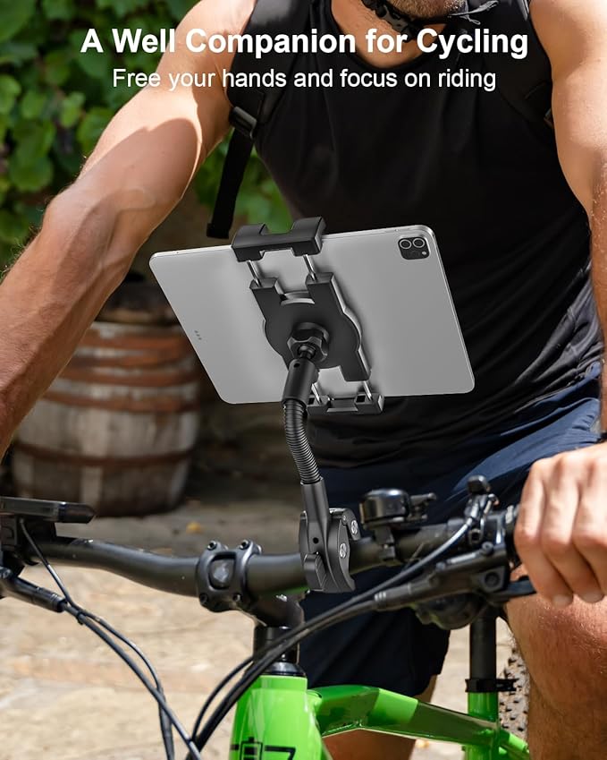 Gooseneck Bike Tablet Mount, Bike Holder - Adjustable Arm Tablet Holder for Motorcycle, Bicycle Scooter Handlebar Clamp, Compatible with iPad Pro Air Mini, Galaxy Tabs, Z Fold, iPhone, 4.7-13" Devices