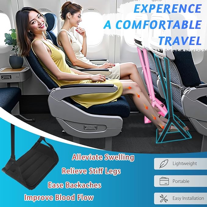 Foot Hammock for Plane Travel, Upgraded Wide Airplane Foot Hammock with Detachable Hardboard, Portable Footrest for Air Travel Essentials Long Flight, Adjustable Foot Rest Leg Hammock for Flying
