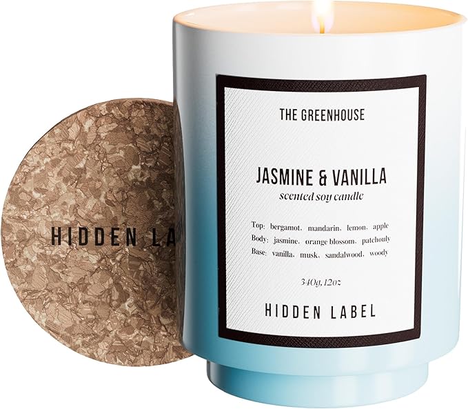 Hidden Label Jasmine & Vanilla Soy Candles, 12oz/75-Hour Burn Time, 100% Natural Soy Wax, Aromatherapy Candle for Stress Relief, Meditation, Yoga & Relaxation,Home Décor