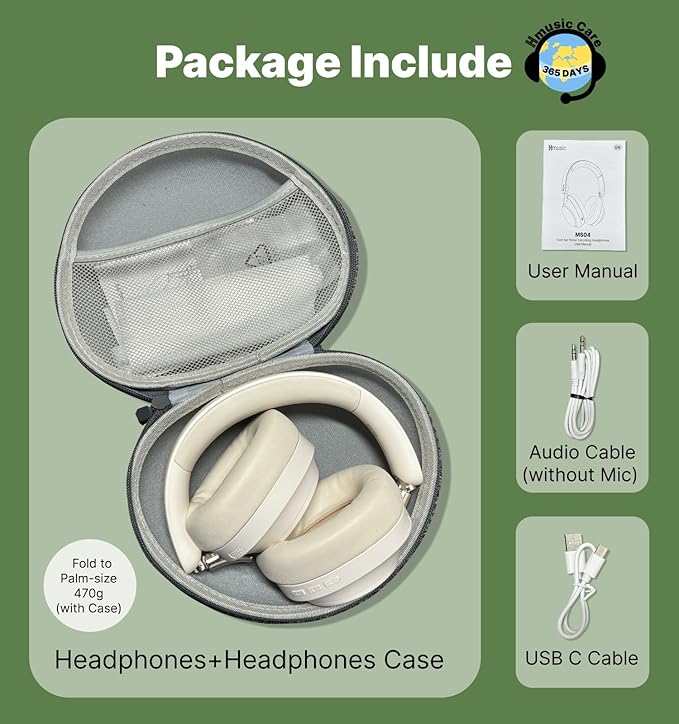 Hmusic MS04 Noise Cancelling Over Ear Headphones, 40dB Hybric ANC Headphones, 2 Mic ENC, 80H Long Battery Life, 3.5 Audio Wired/Bluetooth 5.3,Foldable w/Case,Sound Proof for Game/Travel/Work/Commute