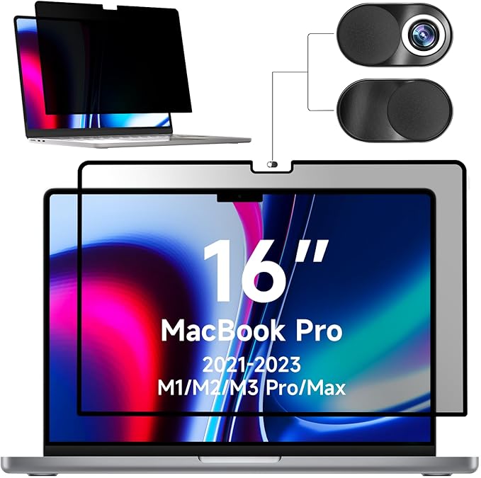 Mamol Privacy Screen for MacBook Pro 16 Inch (2021-2024, M1, M2, M3,M4) - A2991 A2485 A2780, MagicSuction™ Removable Vacuum Adsorption Anti Spy ,Anti Glare Anti Blue Light Filter for Mac Laptop Computer