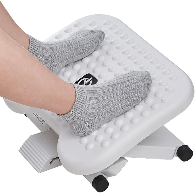 HUANUO Adjustable Desk Footrest, Foot Rest for Under Desk at Work with Massage, Adjustable Foot Stool with 3 Height Position & 30 Degree Tilt Angle Adjustment for Home, Office, White