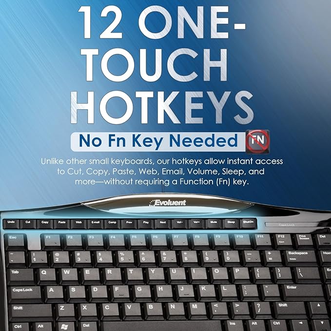 Evoluent Wired Compact Keyboard – Compact Keyboard, Portable Wired Keyboard – No Numeric Pad for Ergonomic Comfort, Keeps Mouse Closer to Reduce Arm Strain, Low Profile Scissor Keys