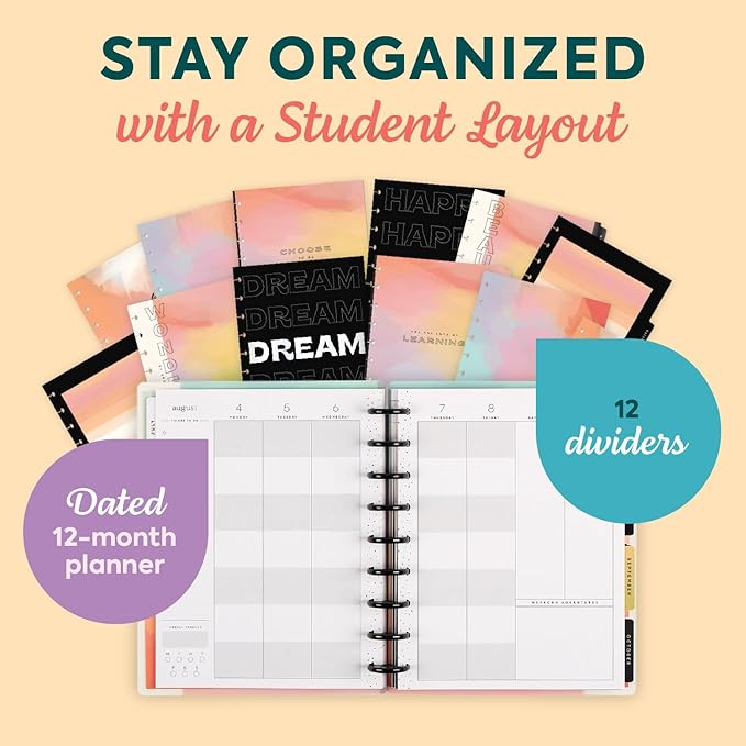 Happy Planner Disc-Bound 12-Month July 2025–June 2026 Planner with 3 Extra Months, Classic Size, Student Layout, Painted Gradients