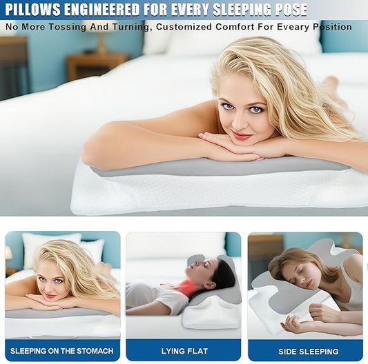 Memory Foam Pillows Cooling Cervical Pillow for Neck and Shoulder Pain Relief Ergonomic Contour Bed Pillow for Side Sleep Stomach Sleeping and Back Sleeper (Light Grey, King-25.2''Lx15.7''Wx5.5''H)